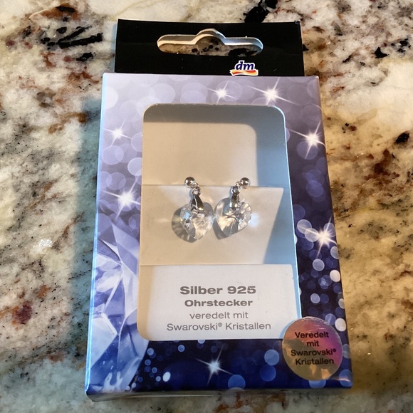 Sterling Silver With Swarovski Crystals Heart Dangle Earrings - Picture 10 of 11